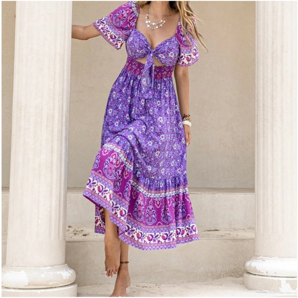Boho Purple Floral Tie-Front Maxi Dress - Picture 3 of 6